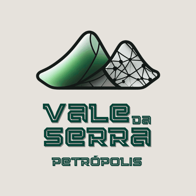 Logo Vale da Serra Petrópolis com picos estilizados em verde e padrão geométrico.